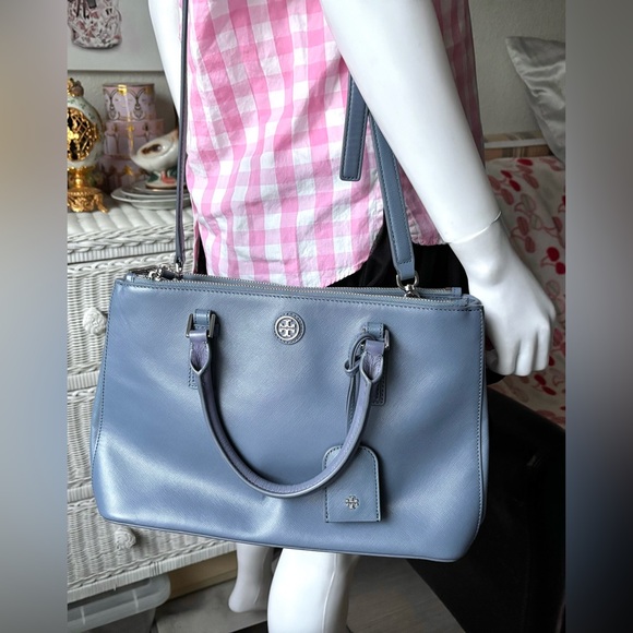 Tory Burch Robinson Saffiano Leather Double Zip 2 Way Tote Crossbody Bag in Blue - Picture 2 of 10